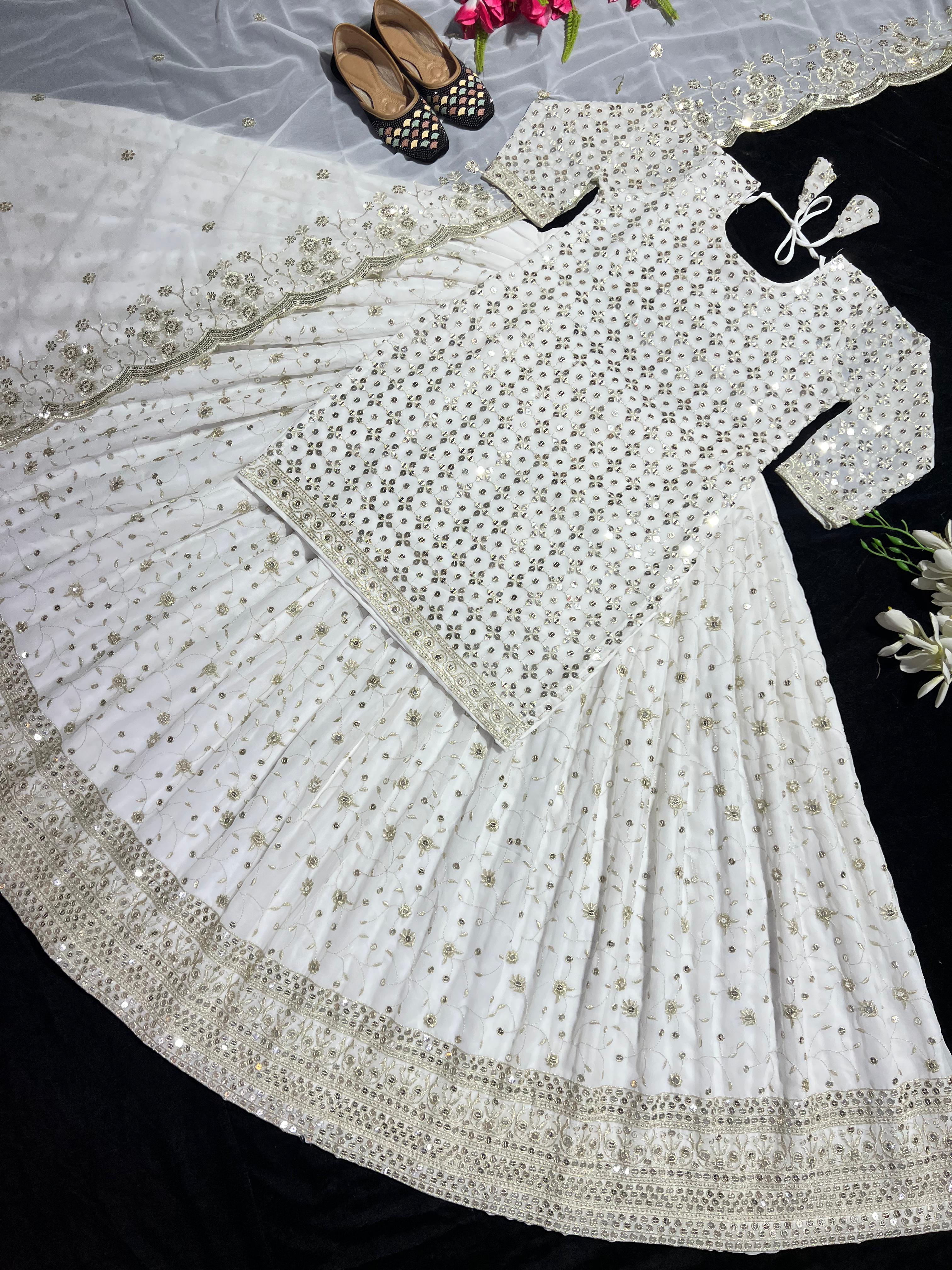 Captivating Embroidery Work White Color Lehenga Suit