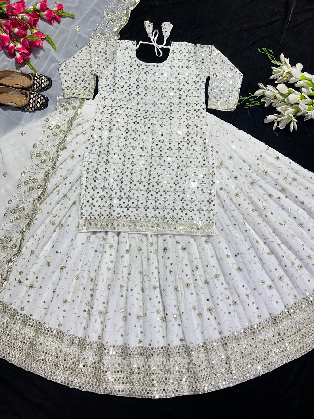 Captivating Embroidery Work White Color Lehenga Suit