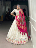 Garba Special Wear White Color Khadi Cotton Sequins And Thread Embroidery Work Designer Lehenga Choli With Pink Dupatta