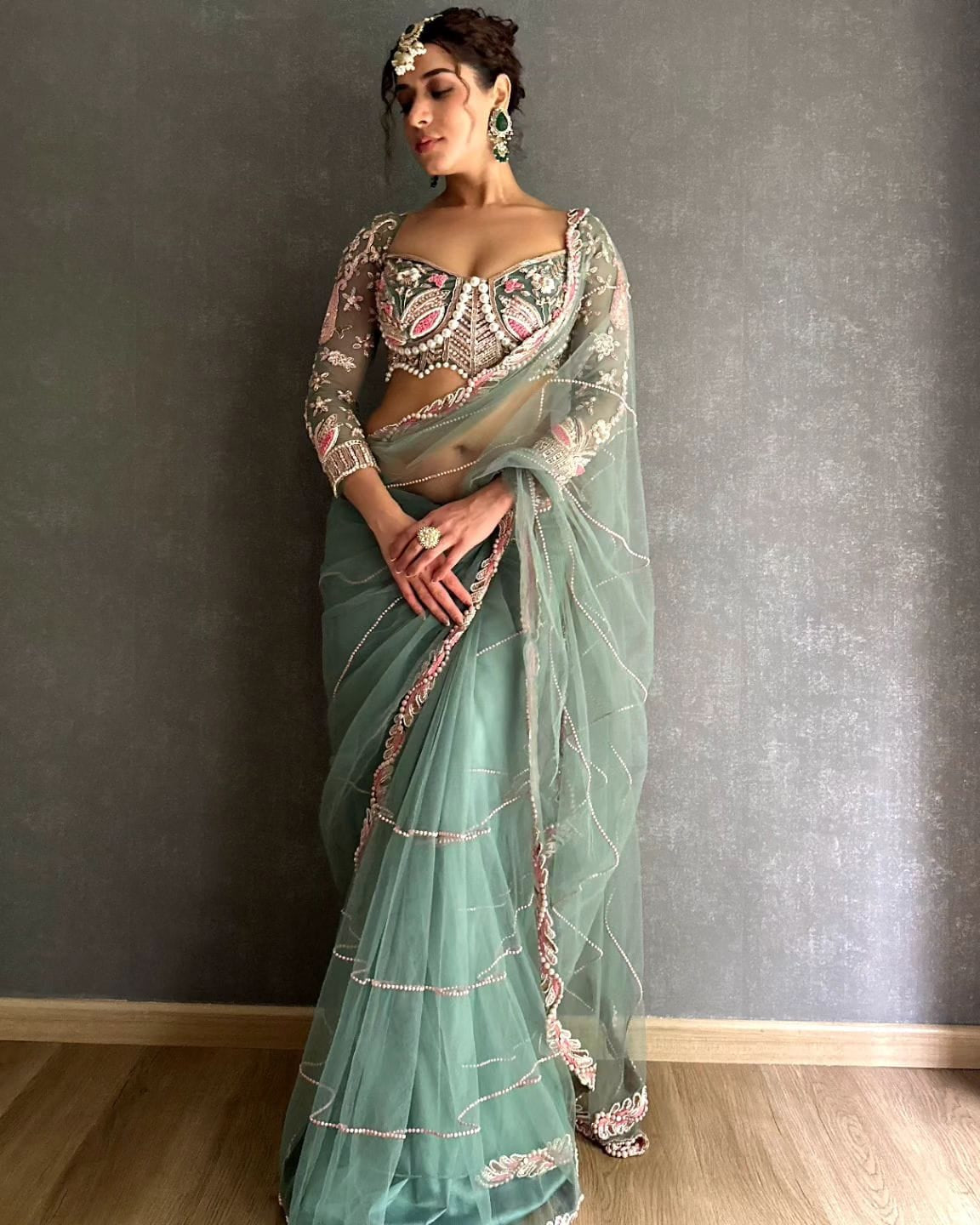 Embroidered Hand-Diamond & Pearl Work Saree with Kasturi Silk Blouse | Saree For Women Party Wear