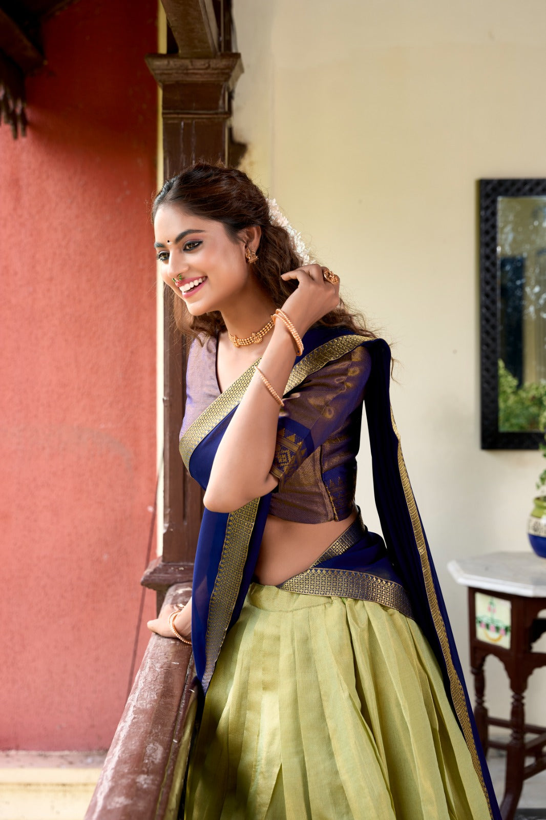 South Indian Wear Parrot Green Color Kanchipuram Zari Weaving Work Designer Lehenga Choli