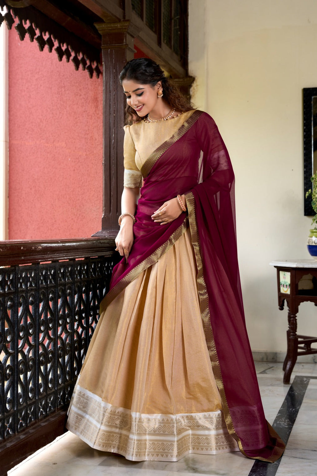 South Indian Wear Beige Color Kanchipuram Zari Weaving Work Designer Lehenga Choli
