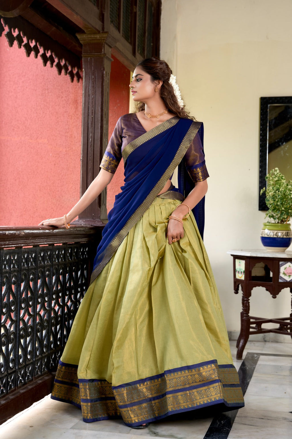 South Indian Wear Parrot Green Color Kanchipuram Zari Weaving Work Designer Lehenga Choli