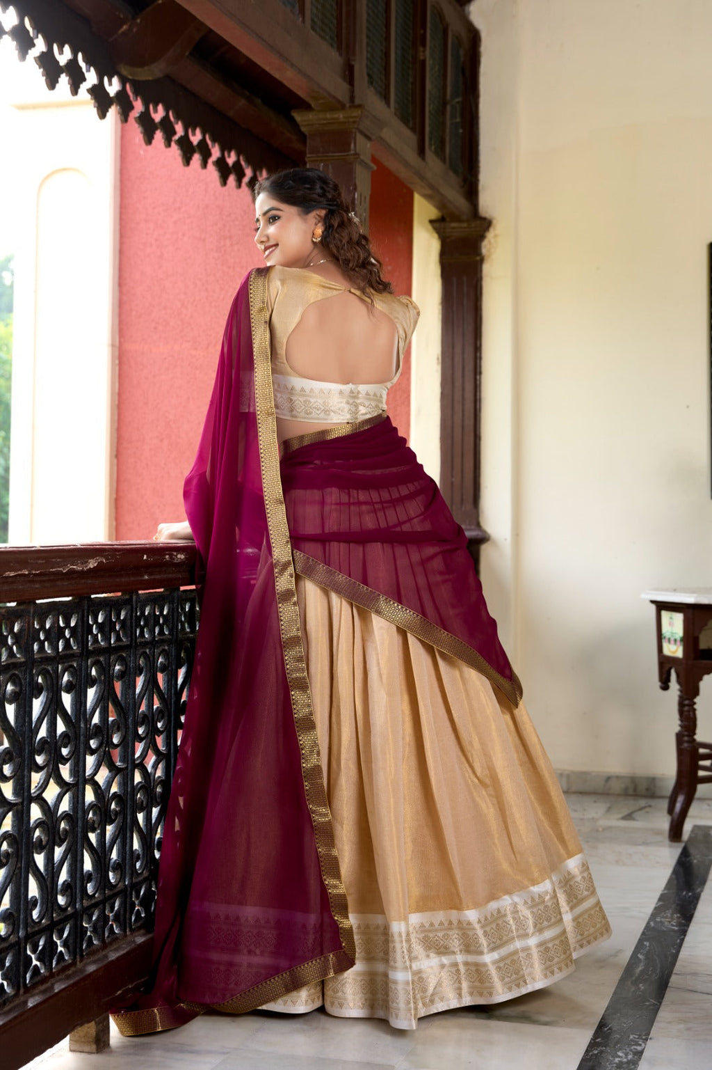 South Indian Wear Beige Color Kanchipuram Zari Weaving Work Designer Lehenga Choli