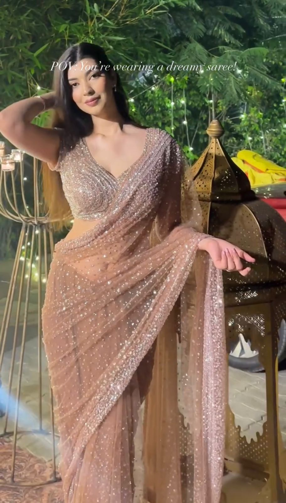 Golden Sequins Embroidered Net Saree with Designer Blouse | Wedding, Reception & Party Wear Saree for Women