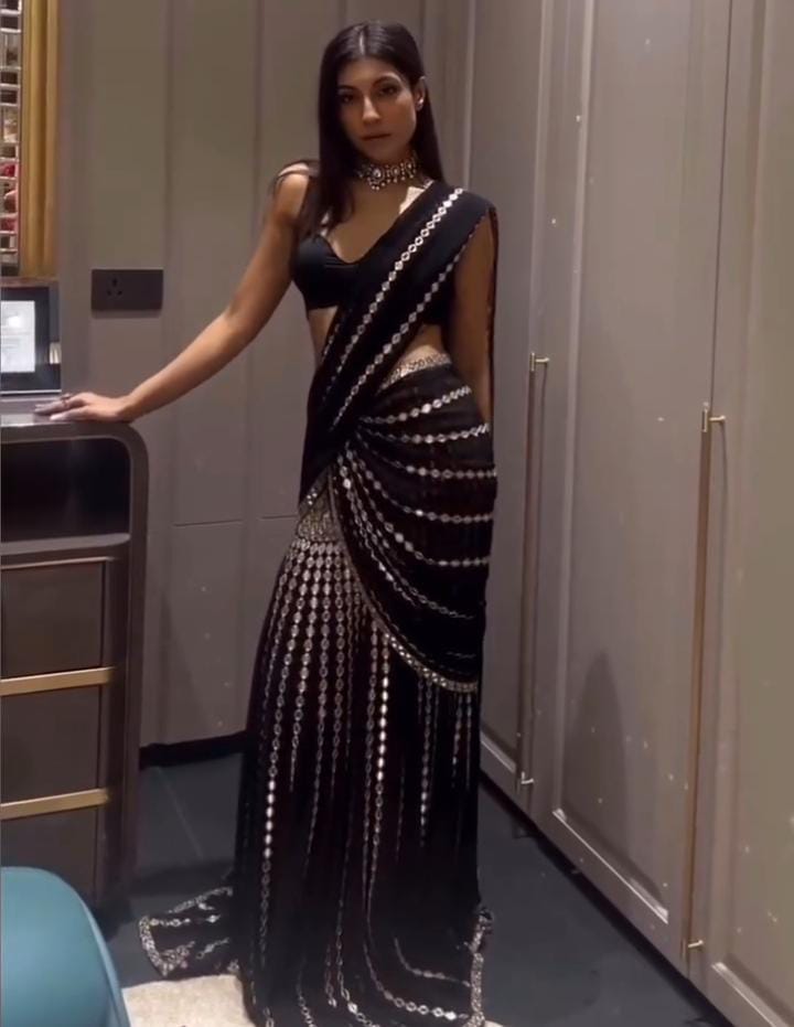 Sangeet Wear Black Moonlit Mirror Ready To Wear Lehenga Saree | Ready To Wear Saree For Wedding