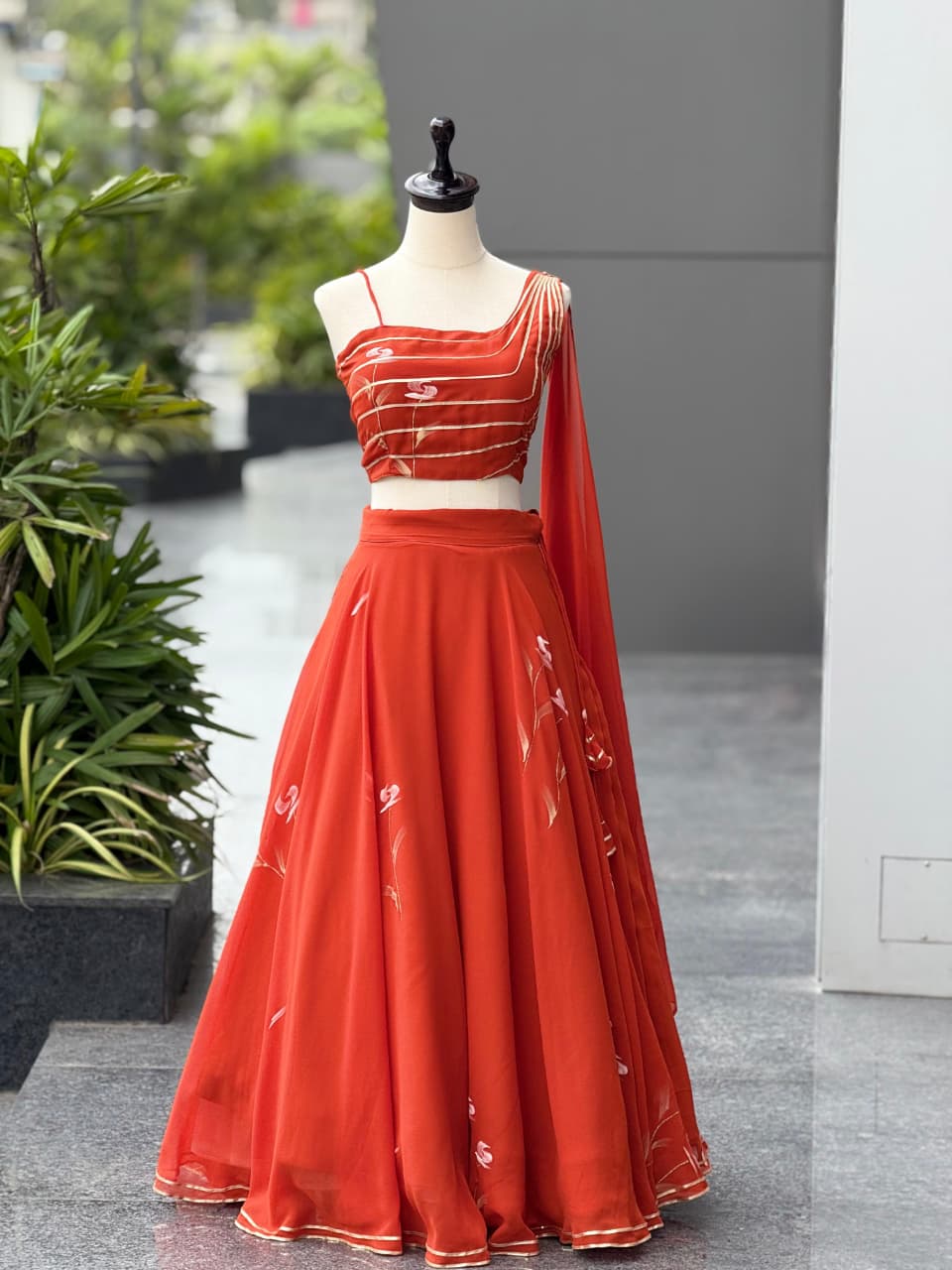 Function Wear Orange Color Pure Hand Painted Fully Stitched Lehenga Choli