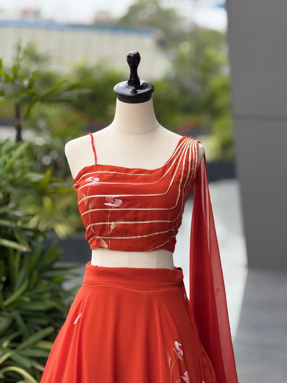 Function Wear Orange Color Pure Hand Painted Fully Stitched Lehenga Choli