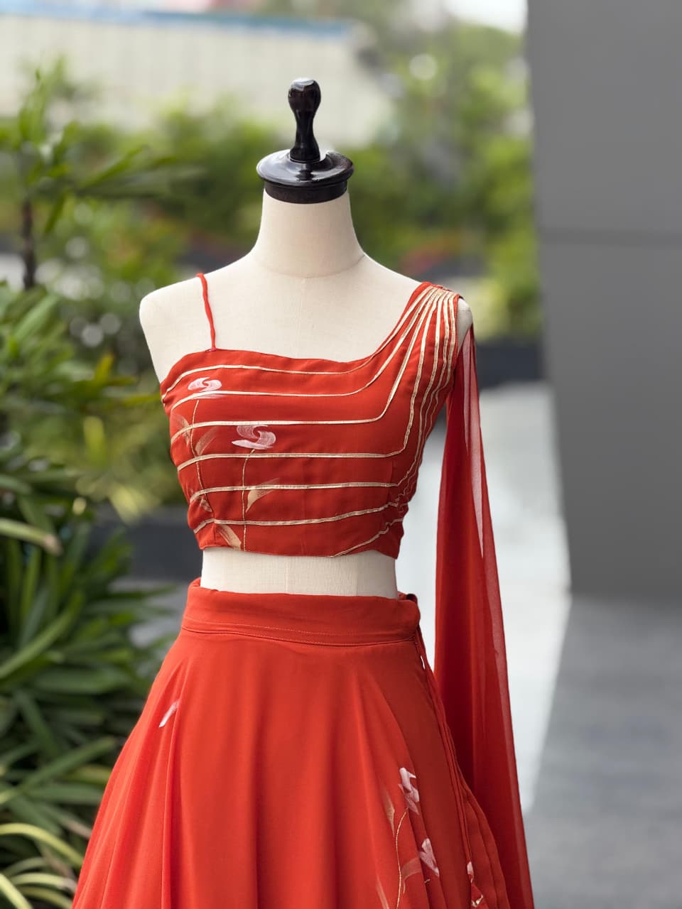 Function Wear Orange Color Pure Hand Painted Fully Stitched Lehenga Choli