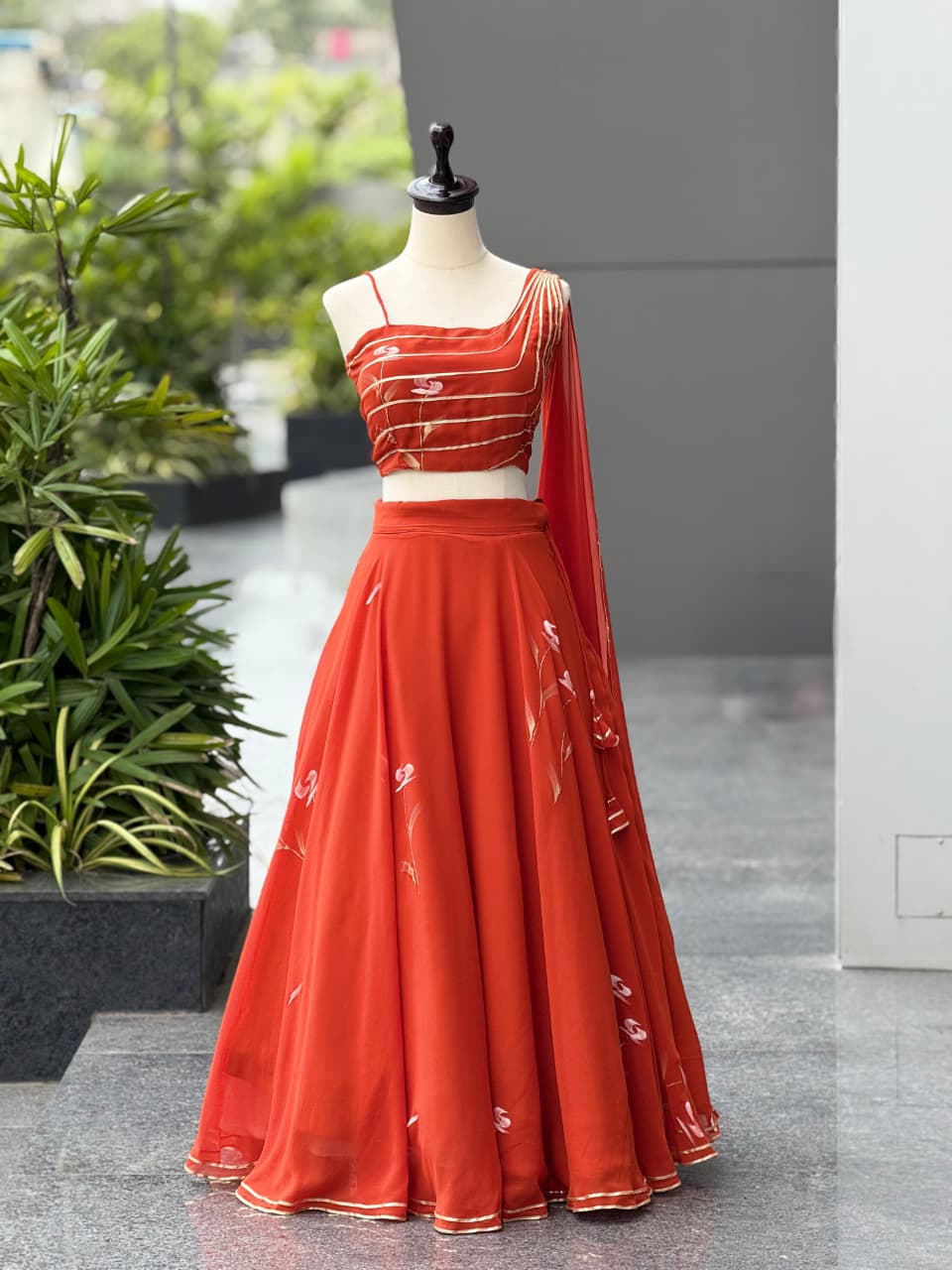 Function Wear Orange Color Pure Hand Painted Fully Stitched Lehenga Choli