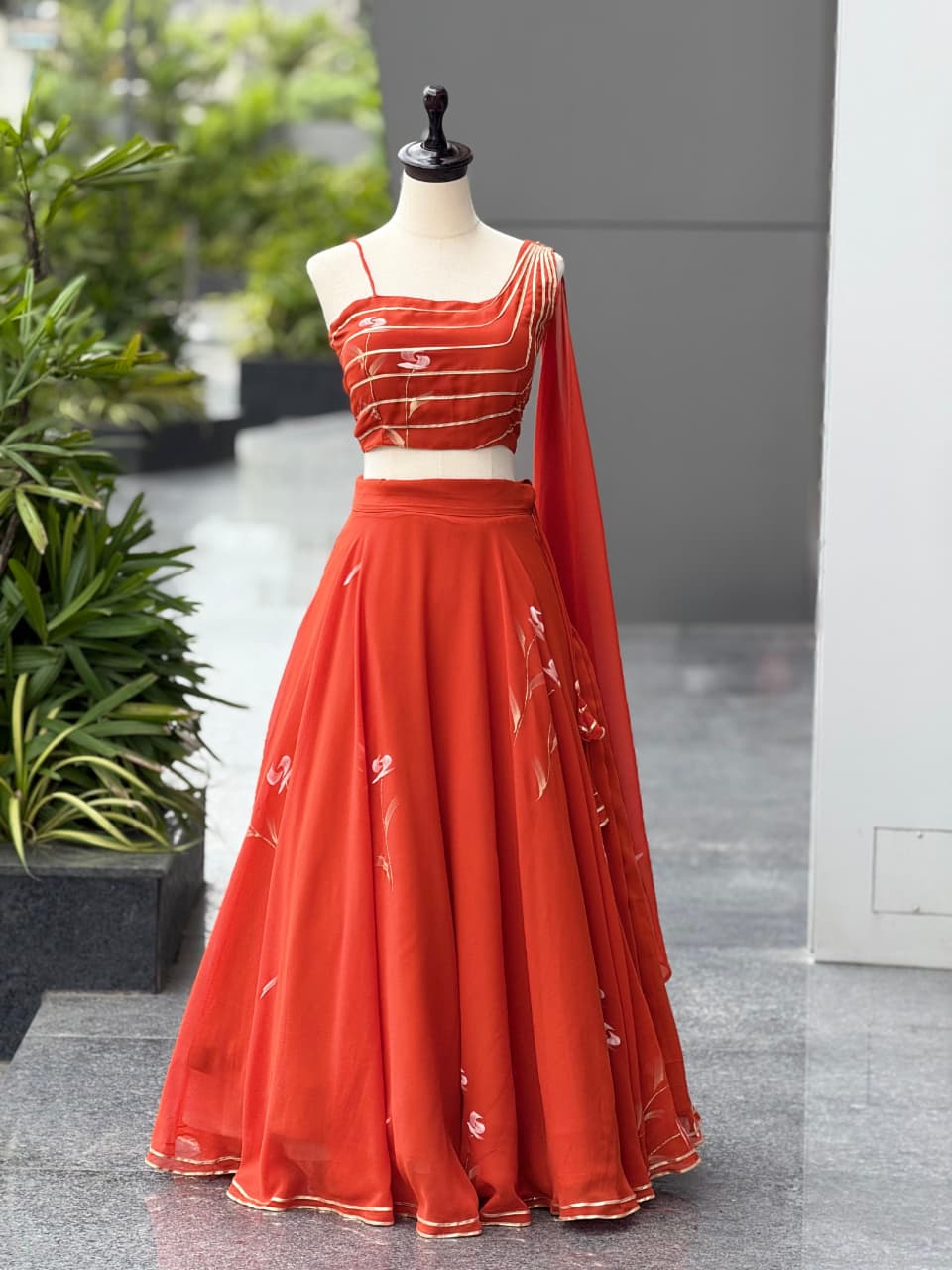 Function Wear Orange Color Pure Hand Painted Fully Stitched Lehenga Choli