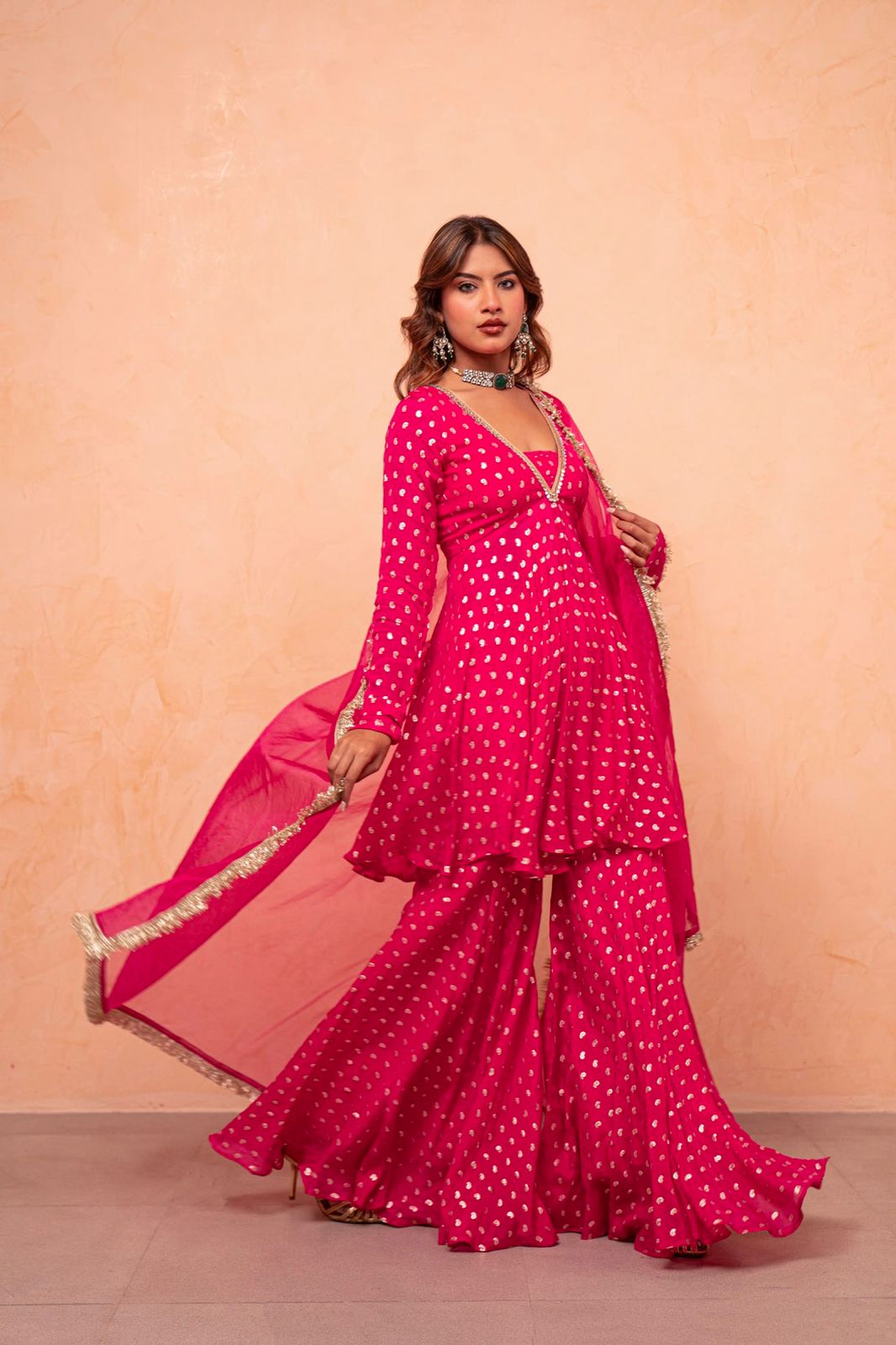 Wedding Wear Rani Pink Designer Sharara Suit Set with Dupatta for Women