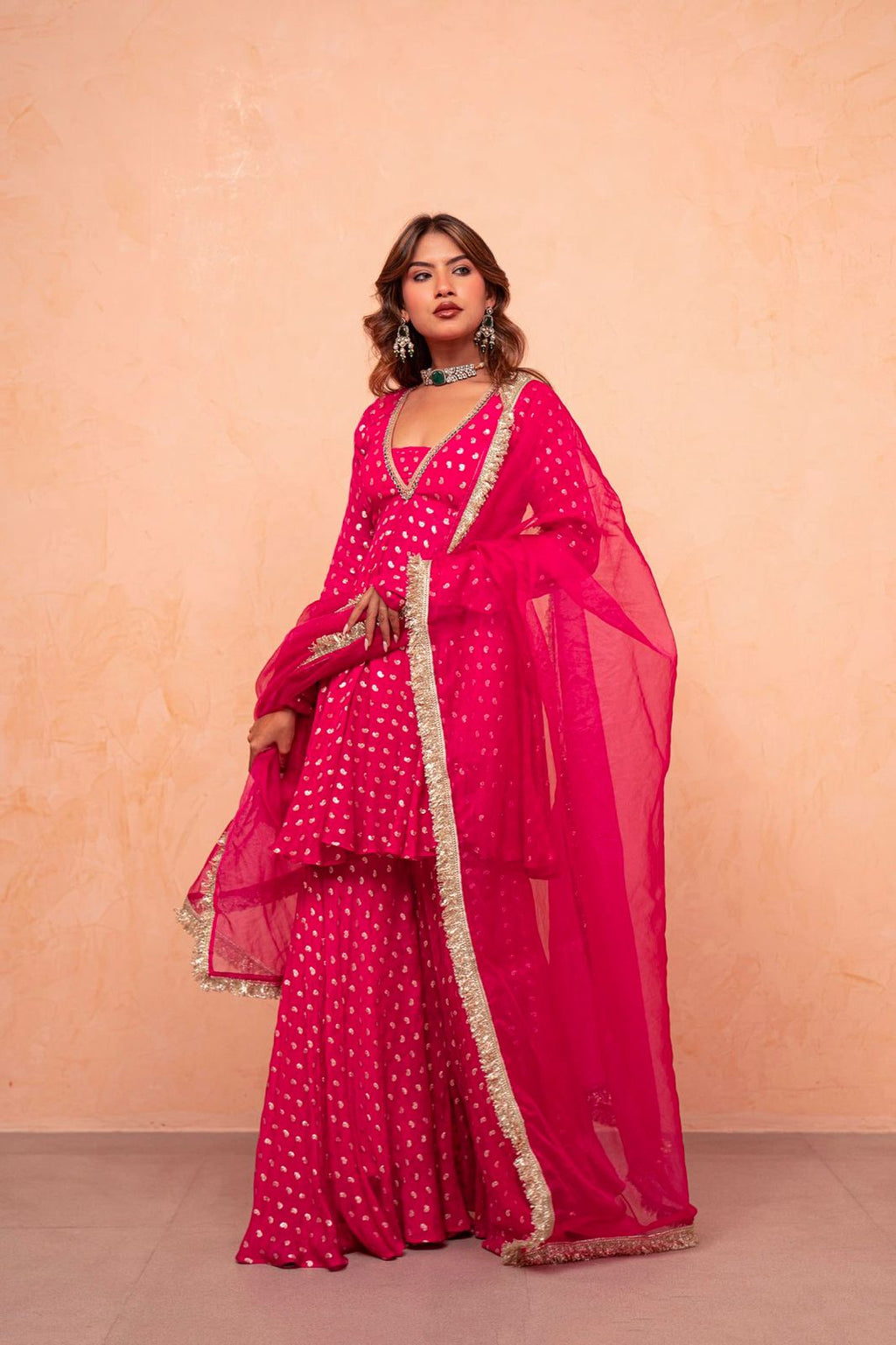 Wedding Wear Rani Pink Designer Sharara Suit Set with Dupatta for Women