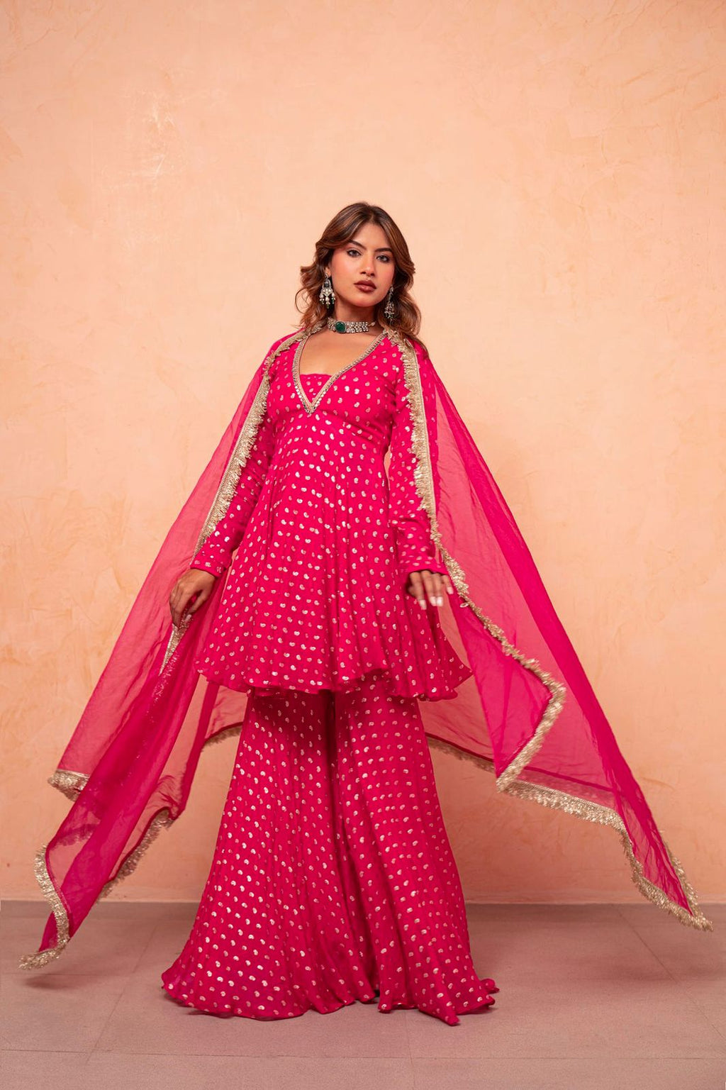 Wedding Wear Rani Pink Designer Sharara Suit Set with Dupatta for Women