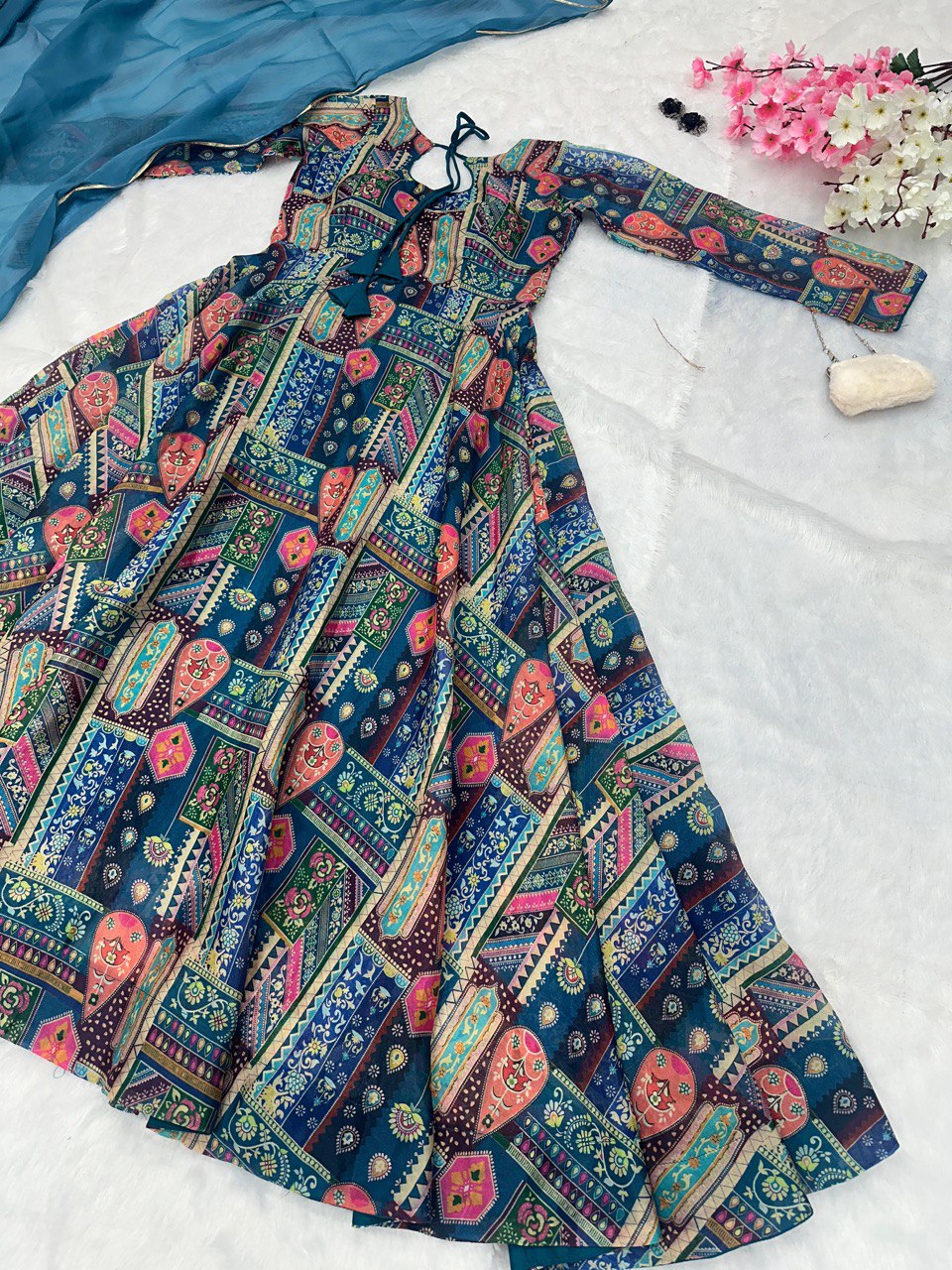 Shining Blue Color Multi Bright Silk Anarkali Suit For Women