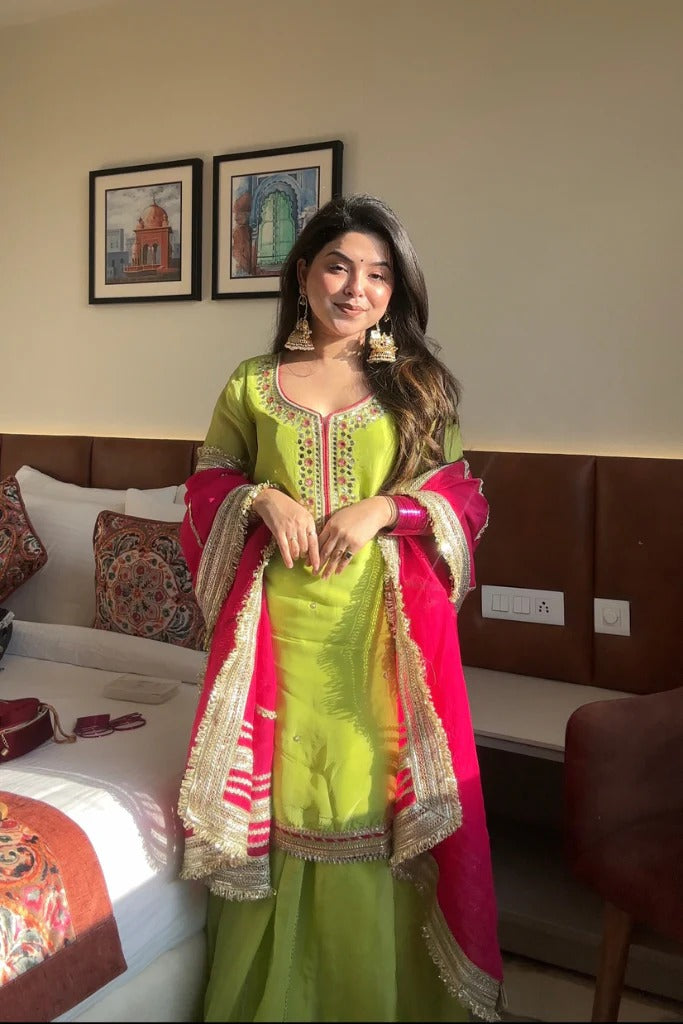 Lime Green Embroidered Sharara Suit Set for Women | Mehndi, Haldi & Festive Wear