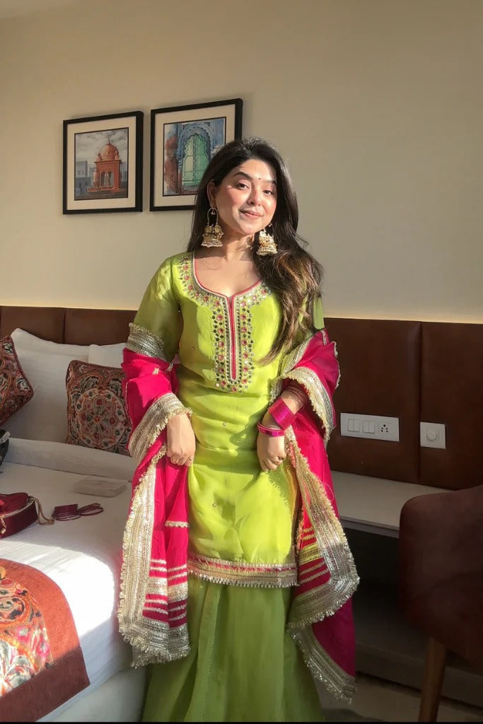 Lime Green Embroidered Sharara Suit Set for Women | Mehndi, Haldi & Festive Wear
