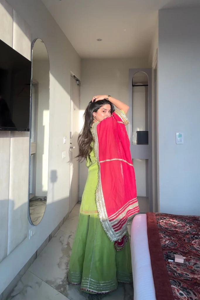 Lime Green Embroidered Sharara Suit Set for Women | Mehndi, Haldi & Festive Wear