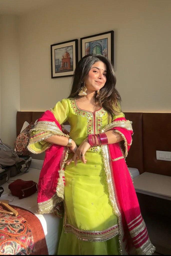 Lime Green Embroidered Sharara Suit Set for Women | Mehndi, Haldi & Festive Wear