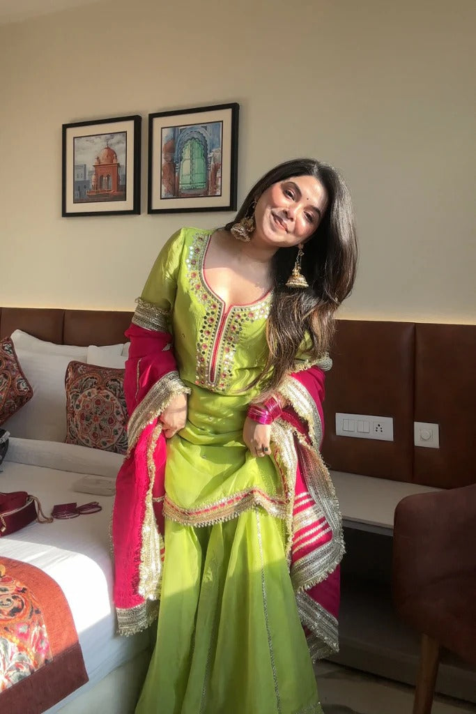Lime Green Embroidered Sharara Suit Set for Women | Mehndi, Haldi & Festive Wear