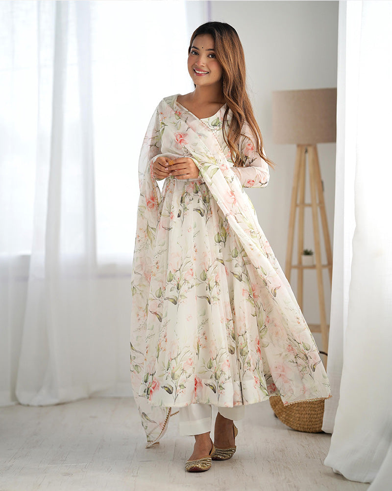 White Color Pure Soft Organza Three Piece Anarkali Suit For Women
