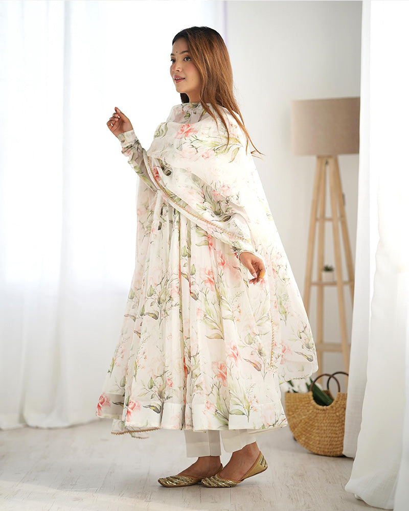 White Color Pure Soft Organza Three Piece Anarkali Suit For Women