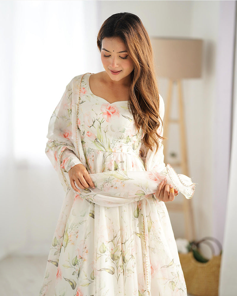 White Color Pure Soft Organza Three Piece Anarkali Suit For Women