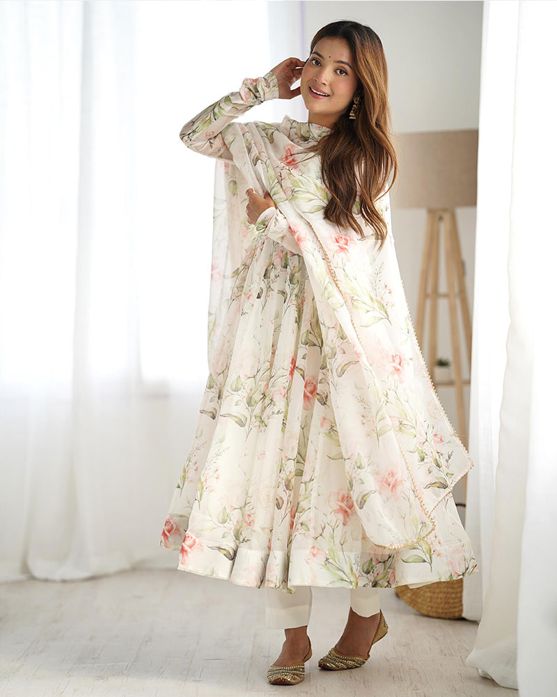White Color Pure Soft Organza Three Piece Anarkali Suit For Women