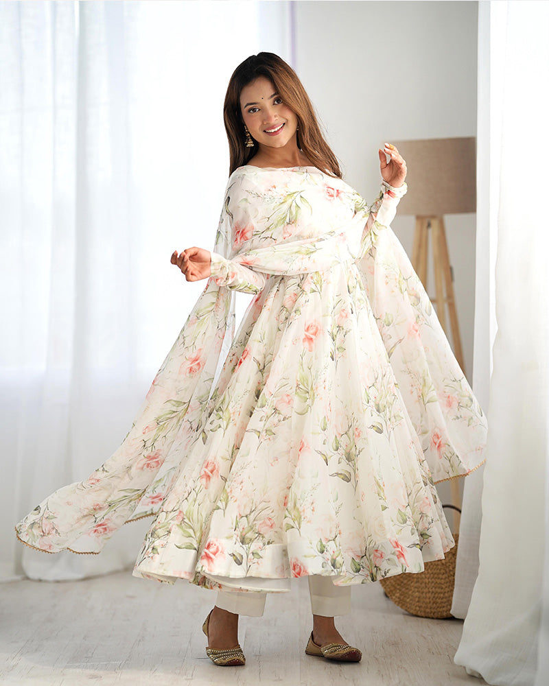 White Color Pure Soft Organza Three Piece Anarkali Suit For Women