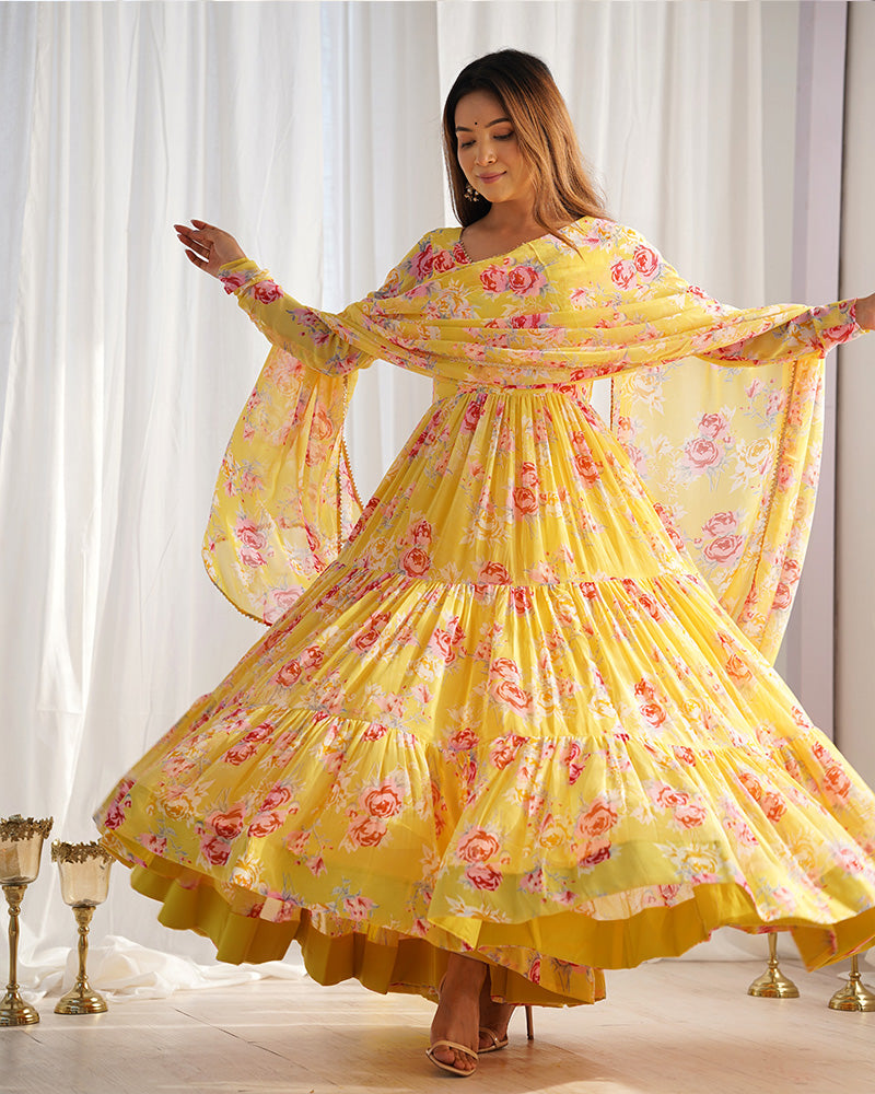 Yellow Color Georgette Three Layer Ruffle Style Anarkali Suit ceremonial clothing