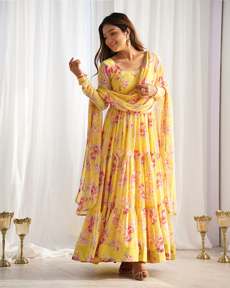Yellow Color Georgette Three Layer Ruffle Style Anarkali Suit ceremonial clothing