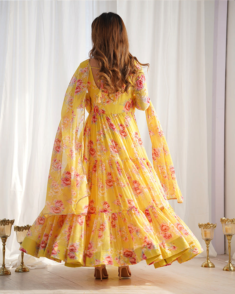 Yellow Color Georgette Three Layer Ruffle Style Anarkali Suit ceremonial clothing