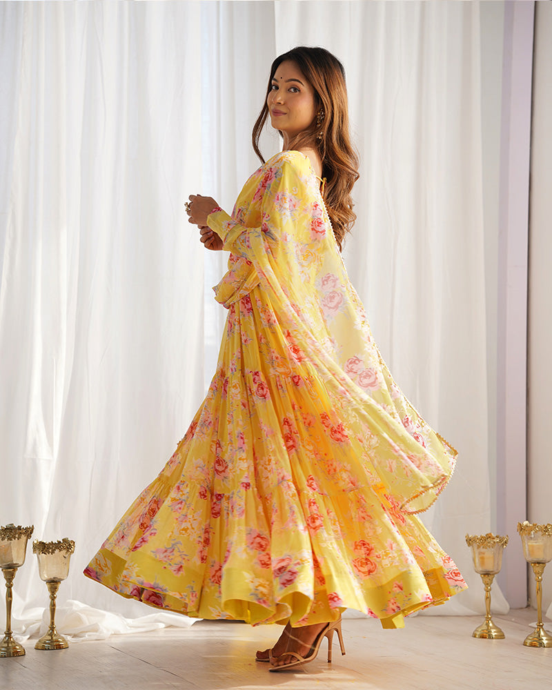 Yellow Color Georgette Three Layer Ruffle Style Anarkali Suit ceremonial clothing
