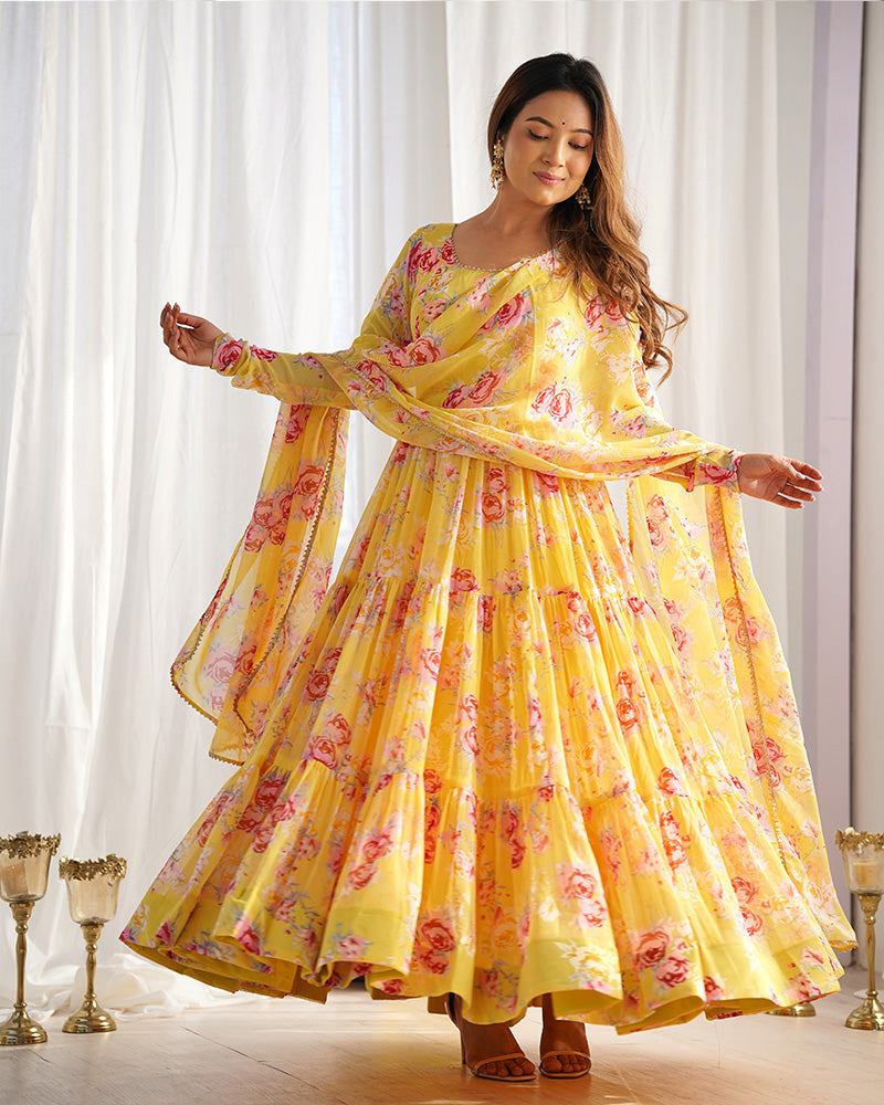 Yellow Color Georgette Three Layer Ruffle Style Anarkali Suit ceremonial clothing