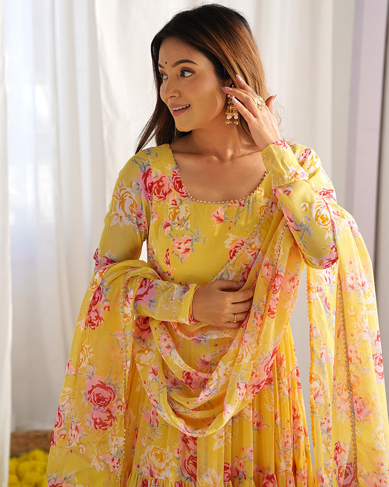 Yellow Color Georgette Three Layer Ruffle Style Anarkali Suit ceremonial clothing
