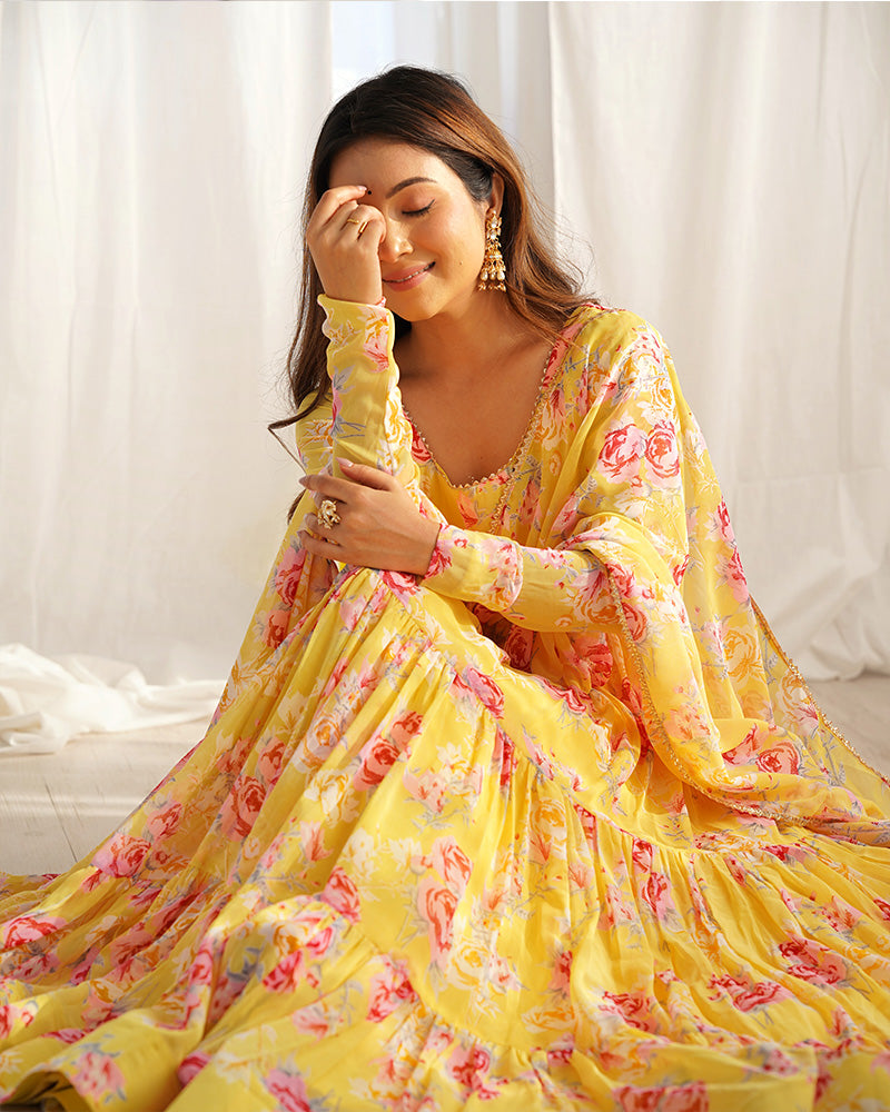 Yellow Color Georgette Three Layer Ruffle Style Anarkali Suit ceremonial clothing