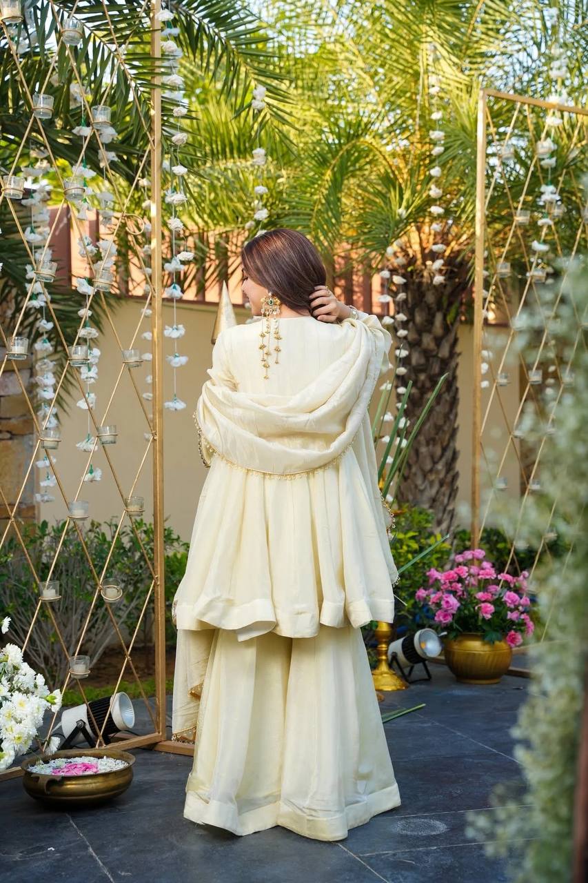 Ivory Mirror Work Anarkali Palazzo Set with Dupatta for Women | Festive & Wedding Wear