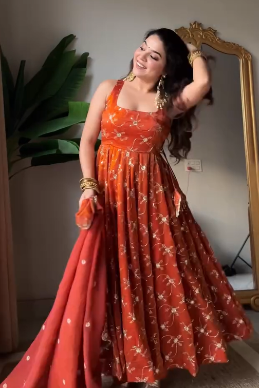 Sunset Maharani Pure Tissue Silk Anarkali Set for Women