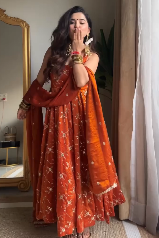 Sunset Maharani Pure Tissue Silk Anarkali Set for Women