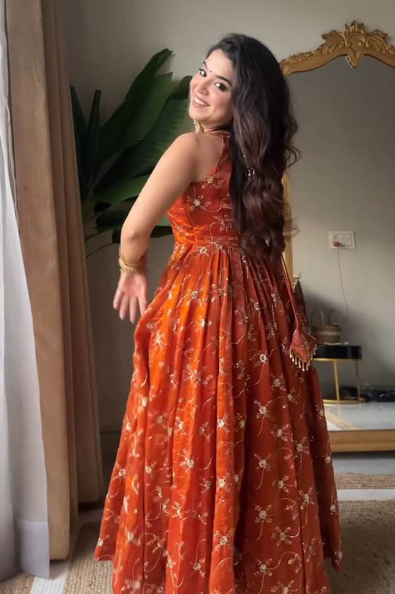 Sunset Maharani Pure Tissue Silk Anarkali Set for Women