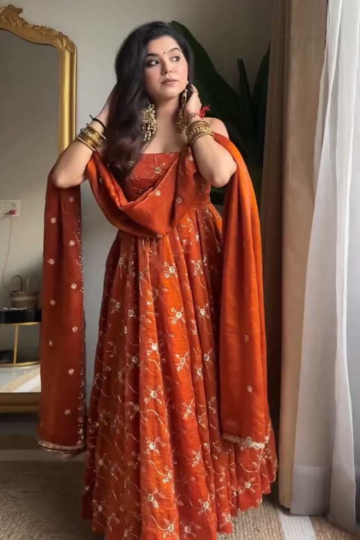 Sunset Maharani Pure Tissue Silk Anarkali Set for Women