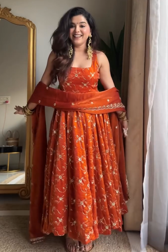 Sunset Maharani Pure Tissue Silk Anarkali Set for Women