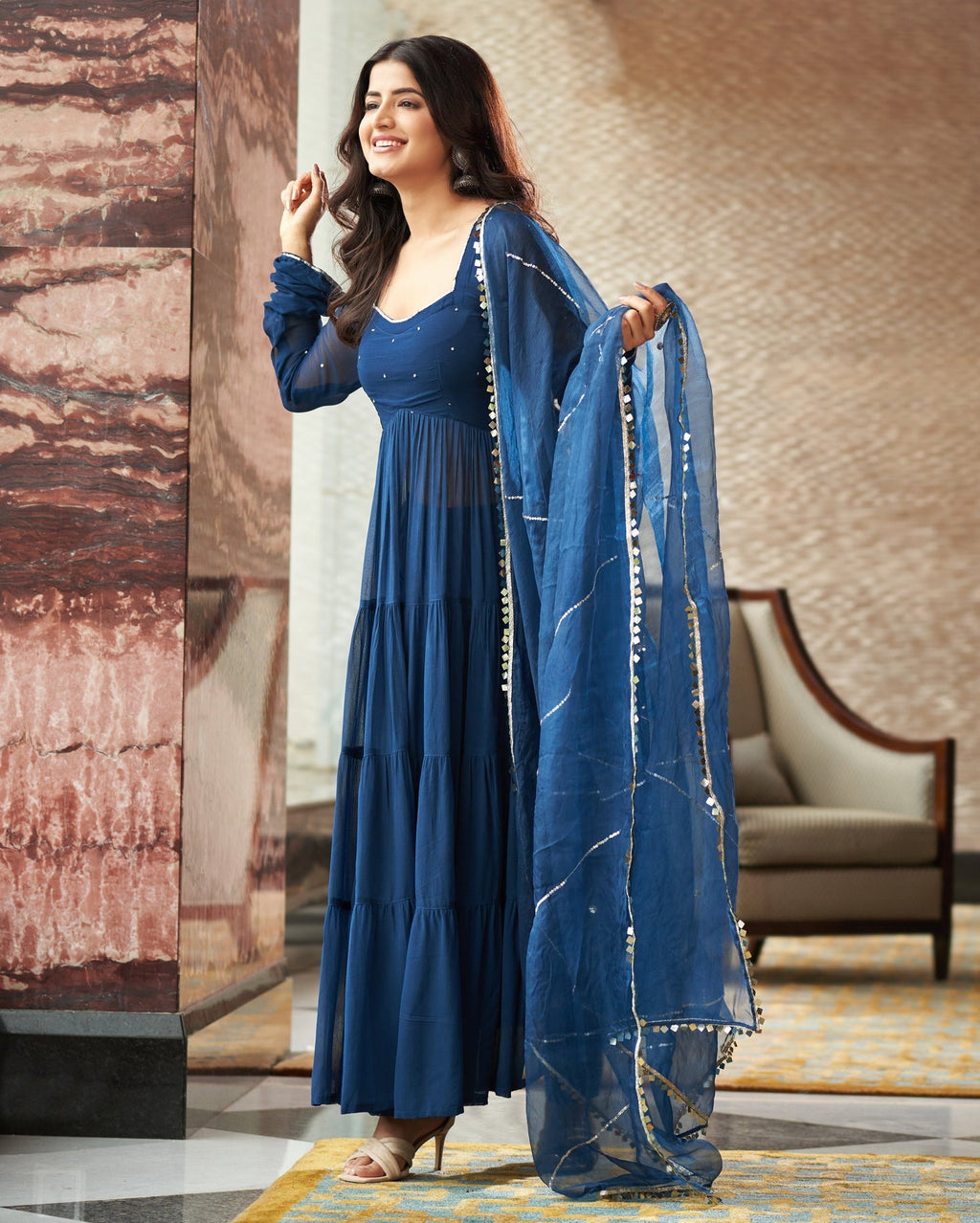 Aradhna Blue Embroidered Georgette Suit Set For Women