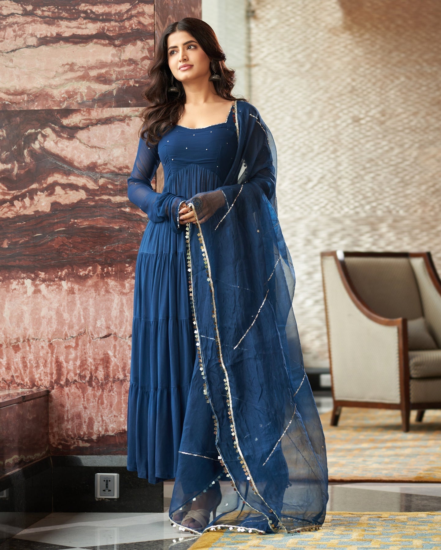 Aradhna Blue Embroidered Georgette Suit Set For Women
