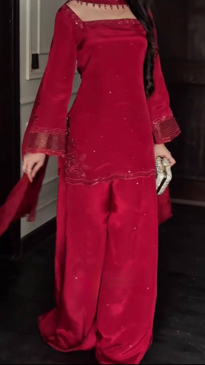 Pakistani Style Red Embroidered Crepe Silk Farshi Suit Set with Dupatta For Women