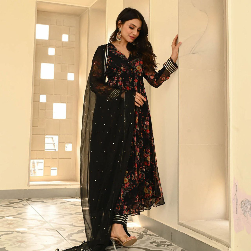 Black Color Georgette Printed Anarkali Suit For Women