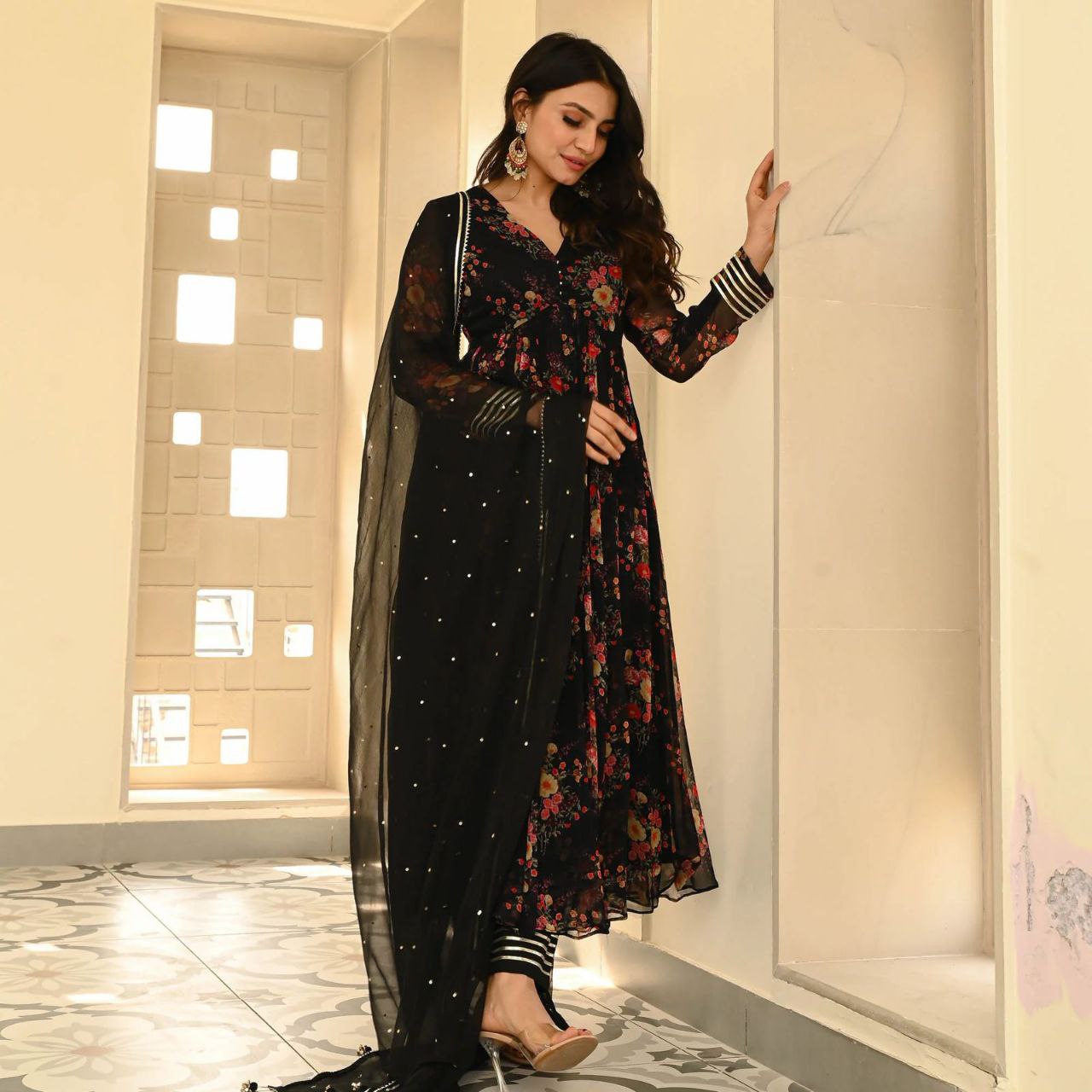 Black Color Georgette Printed Anarkali Suit For Women