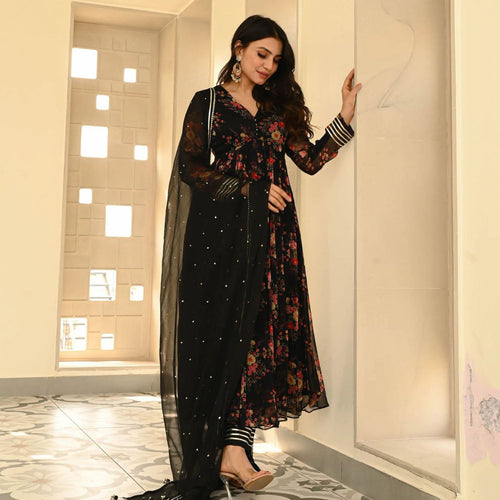 Black Color Georgette Printed Anarkali Suit For Women