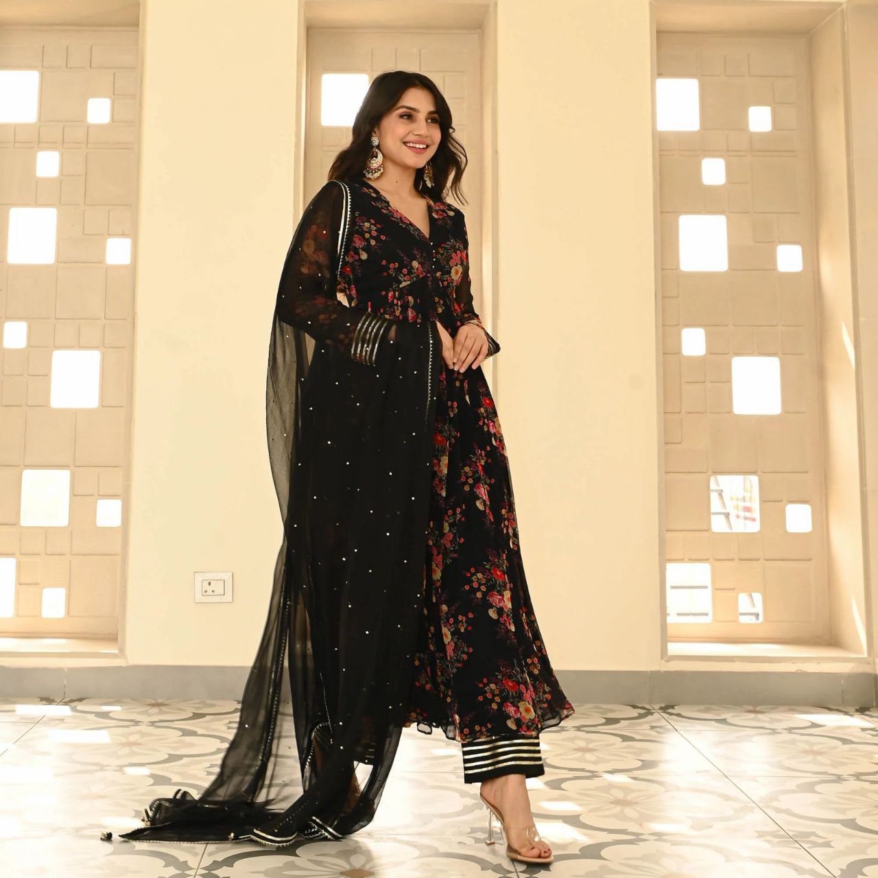 Black Color Georgette Printed Anarkali Suit For Women