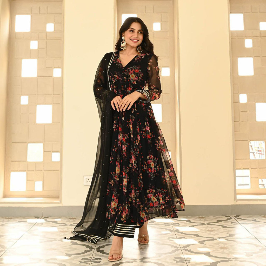 Black Color Georgette Printed Anarkali Suit For Women